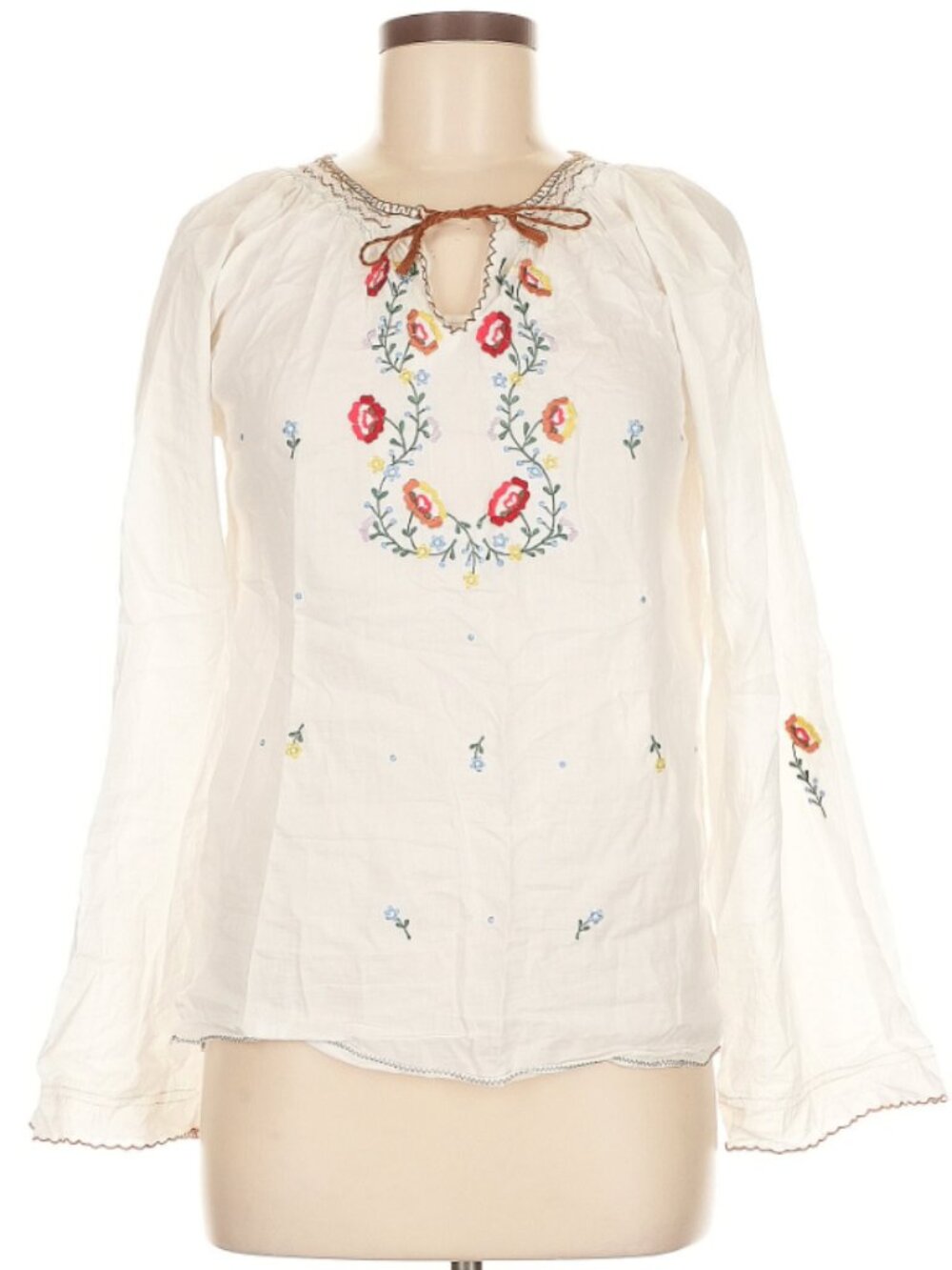 Aqua Embroidered Floral Boho Peasant Blouse White Size M Long Sleeve Keyhole